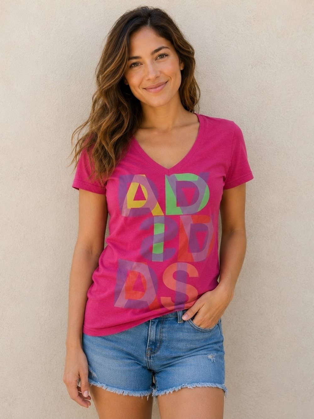 Adidas Women Hot Pink V-Neck T-Shirt | Size XS | Athletic Casual Graphic T-Shirt
